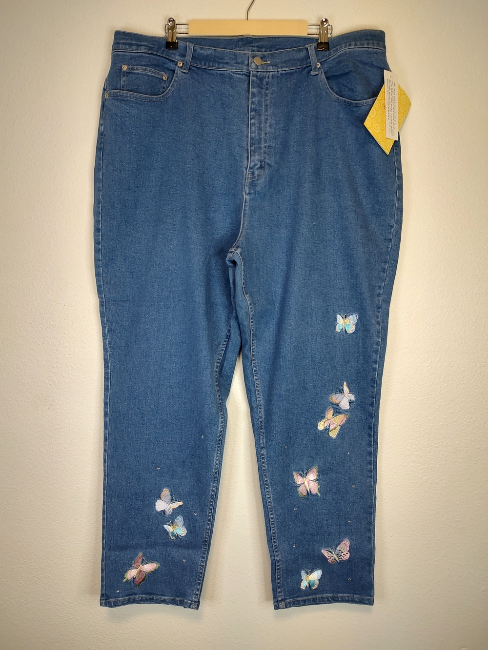 Quacker Factory Blue Medium Wash Jeans Butterfly Embroidery High Rise Size 24W